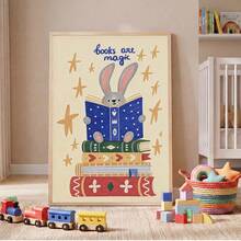 1件「Books Are Magic」可愛兔子帆布海報牆飾，勵志閱讀繪畫，兒童房/遊戲室裝飾，無框/有框/木製掛飾 - 彩色 - 查看 5
