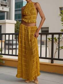 Women's Chiffon Multi-Layer Ruffled Lace Trim Camisole Backless Set, Romantic Elegant 2-Piece Set. Summer Yellow - Yellow - View 3