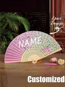 Custom Pink Floral Pattern Decorative Folding Chinese Fan, Customizable Name Chinese Folding Fan With Tassel, Suitable For Party, Dance - Multicolor - View 7