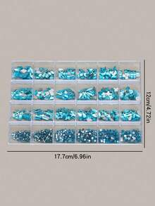 24-Grid Mixed Flat Back Rhinestone Set, Lake Blue Round Diamond And Crystal Rhinestone Nail Art Decoration, Multiple Shapes, Suitable For Women And Girls, DIY Nail Art Set, Includes Bright Colored Rhinestones - Blue - View 5