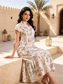 Heavy Print Arabic Women's 2026 New Summer Beige Elegant Dress, JALABIYA Small Stand Collar With V-Neckline, Summer Casual Travel Outfit - Beige - View 10
