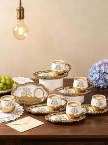 Set Cangkir dan Tatakan Kopi Keramik "Pohon Kehidupan" 6pcs/1pc, Pinggiran Emas, Aman untuk Microwave dan Mesin Pencuci Piring, Termasuk Cangkir Espresso dan Cangkir Kopi Arab, Cocok untuk Teh Sore, Kafe, Dapur, dan Dekorasi Rumah - MultiWarna - View 3