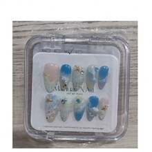 1件裝夏季清新海鹽藍海洋波浪美甲飾品，3D迷你海星貝殼水鑽杏仁形美甲尖端，裸色漸層冰透手工美甲飾品，適合海灘度假、日常出遊、派對約會、宿舍穿搭、節日精緻禮物、旅行必備 - 查看 8