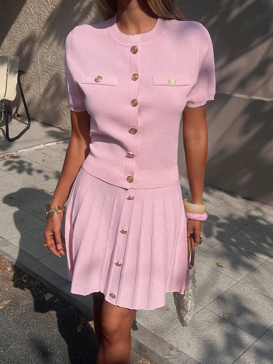 FOR BEAUTY Spring/Summer Women's Pink Round Neck Short Sleeve Knit Top With Pleated Skirt, Elegant Two Pieces Knit Set,Suitable For Parties And Dates