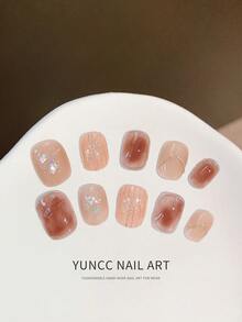 10Pcs Handmade Short Square Press On Nails, Soft Nude Brown Gradient Blush Design With Iridescent Shell Glitter & Thin Silver Line Detail, Minimalist Elegant Reusable Fake Nails For Daily Office Dating - 彩色 - 查看 1