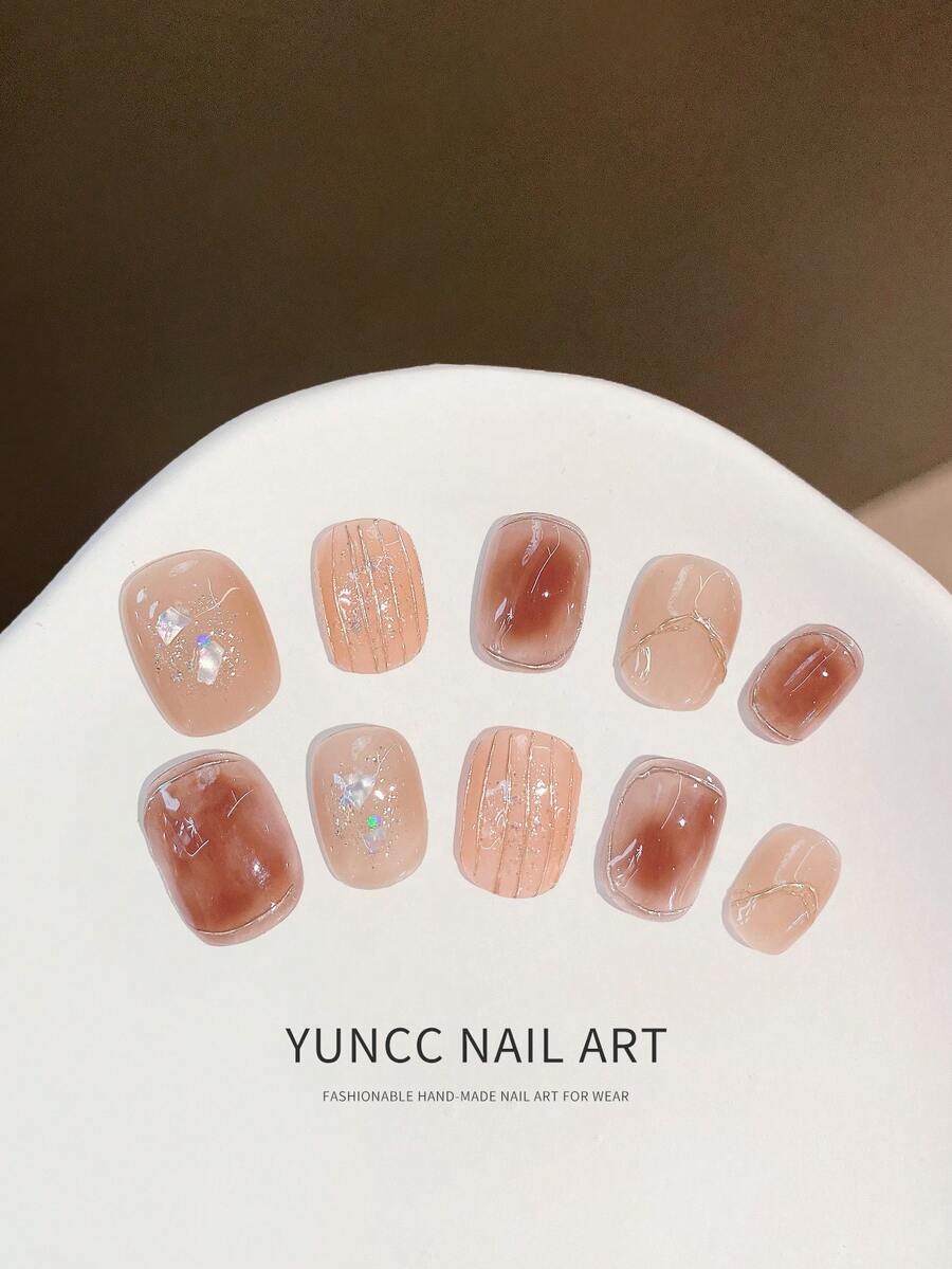 10Pcs Handmade Short Square Press On Nails, Soft Nude Brown Gradient Blush Design With Iridescent Shell Glitter & Thin Silver Line Detail, Minimalist Elegant Reusable Fake Nails For Daily Office Dating - 彩色 - 查看 1