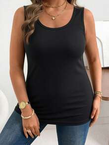 2pcs Women Plus Size Round Neck Ribbed Tank Top Daily Commute Basic Sleeveless Solid Color Undershirt - Multicolor - View 2