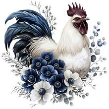 1/2/3 pezzi Decalcomania per trasferimento termico con gallo blu e bianco in stile inchiostro, corpo bianco con cresta rossa e piume della coda sfumate blu navy, circondato da crisantemi blu e bianchi argentati, foglie di eucalipto e rametti sottili, stampa fai-da-te vintage Morandi con fiori e uccelli in acquerello, adatta per magliette, camicie, borse in tela - Multicolore - Visualizzare 1
