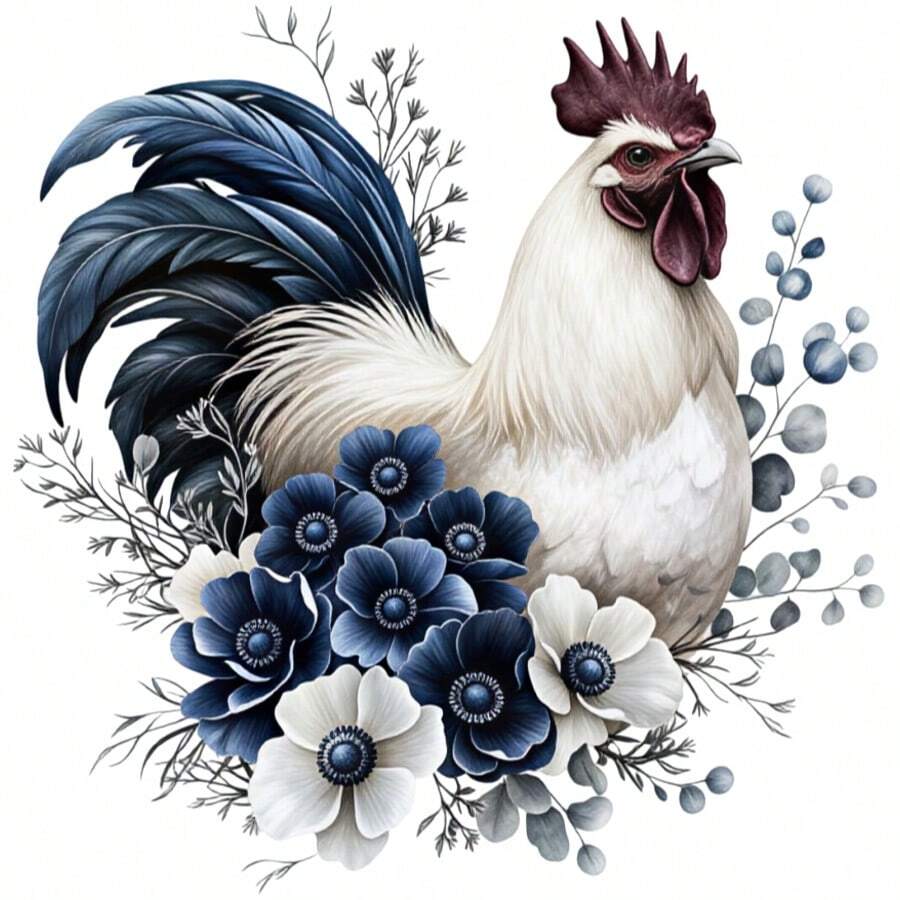 1/2/3 pezzi Decalcomania per trasferimento termico con gallo blu e bianco in stile inchiostro, corpo bianco con cresta rossa e piume della coda sfumate blu navy, circondato da crisantemi blu e bianchi argentati, foglie di eucalipto e rametti sottili, stampa fai-da-te vintage Morandi con fiori e uccelli in acquerello, adatta per magliette, camicie, borse in tela - Multicolore - Visualizzare 1