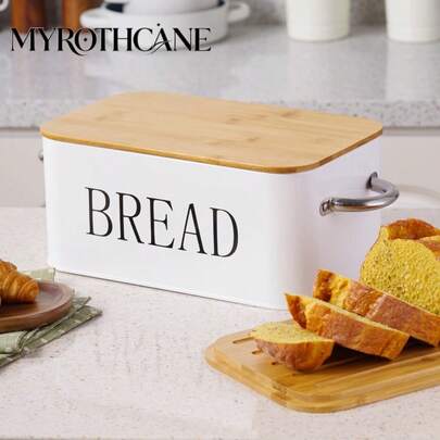 Myrothcane 1pc Vintage Metal Bread Box With Bamboo Lid, Large Capacity Bread Storage Bin With Side Metal Handles, Countertop Bread Keeper For Loaves, Pastries, Homemade Bread, Farmhouse Kitchen Food Storage Organizer, White & Black Two Color Options