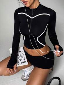 Spring/Autumn Slimming Tight-Fit Sports With Thumb Holes, Long Sleeve Outdoor Running Pilates Fitness Jacket - Black - View 4