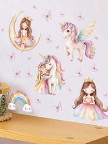 1pc Rainbow Moon Crown Girl Unicorn Butterfly Wall Decor Sticker, Removable Wall Decal For Bedroom, Living Room, Kids Room - 1PC - View 3