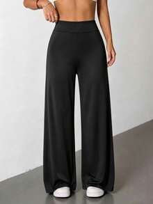 Elastic High-Waist Tummy Control Wide Leg Pants, Comfortable And Pressure-Free, Back V-Shape + Center Pleats For Butt Lifting And Shaping, Pleated Design For Peach Butt, Suitable For Yoga, Fitness, Commute, Casual And Multiple Occasions, All-Season Straight Leg Pants, Perfect Match With Various Tops - Fashionable And Versatile - Black - View 5