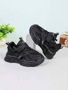 All Mesh Chunky Sneakers, Breathable Lightweight Hook And Loop Thick Sole Versatile Campus Sports Running Shoes For Boys And Girls - Black - View 3