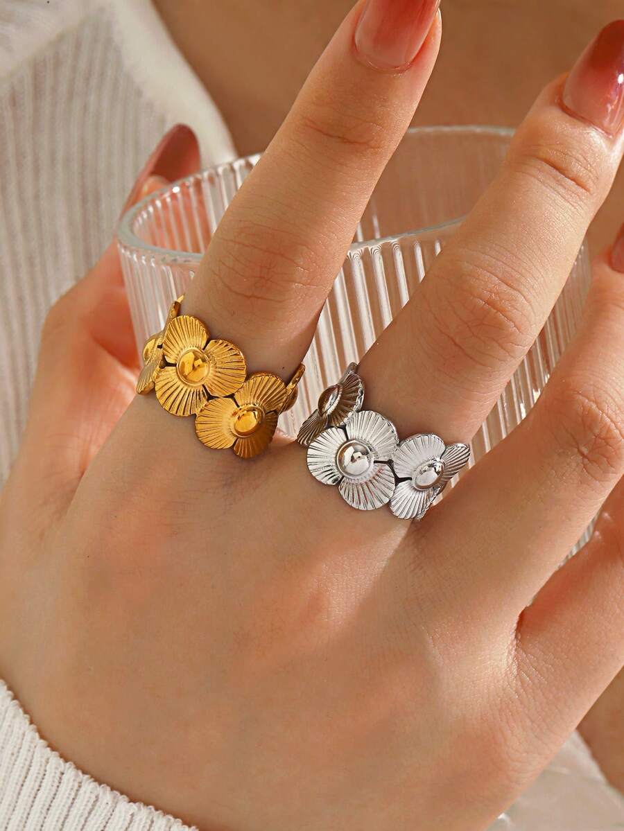 1/2pcs Stainless Steel 18K Gold Plated Minimalist Flower Ring, Suitable For Women's Daily And Party Wear - Multicolor - View 1