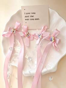1 Pair Gentle Ins Style Sweet Satin Bow Tassel Hair Accessories, Suitable For Children, Heart Decoration Transparent Bead Ribbon, Side Clip Double Ponytail Back Head Hair Ornament, Daily/Party/Photography Multi-Purpose Accessory - Multicolor - View 6