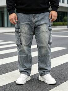 Men's Plus Size Stretch Cargo Jeans, Retro Faded Blue Straight Leg Denim Pants, Casual Work Trousers - Navy Blue - View 8