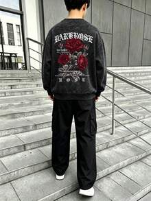 2pcs/Set Boys Outfit, Crew Neck Rose Print Sweatshirt Paired With Simple Casual Cargo Pants, Autumn/Winter New Style, Suitable For School And Daily Wear - Black - View 1