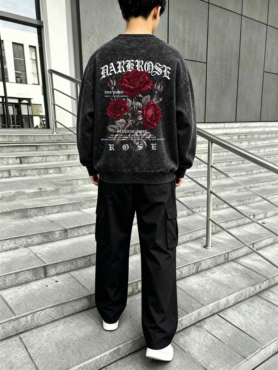 2pcs/Set Boys Outfit, Crew Neck Rose Print Sweatshirt Paired With Simple Casual Cargo Pants, Autumn/Winter New Style, Suitable For School And Daily Wear - Black - View 1