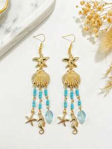 1 Pair Ocean Theme Tassel Earrings, Golden Artificial Starfish And Shell Design With Blue-Green Beaded Chain And Seahorse Pendant, Fresh Bohemian Style, Suitable For Vacation Wear Or Young Women Who Love Ocean Elements, Holiday Gift - Yellow Gold - View 4