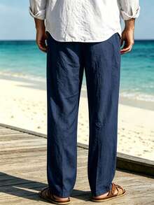 男士夏季亞麻休閒長褲，抽繩彈性腰頭，透氣直筒褲管，適合海灘度假與日常通勤 - 藏蓝色 - 查看 4