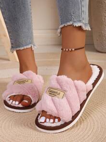 Classic Bold Striped Slip-On Open Toe Fuzzy Plush Slippers For Women, Indoor House Shoes, Autumn/Winter Fashion - Pink - View 6