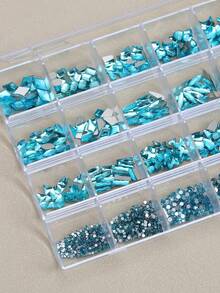 24-Grid Mixed Flat Back Rhinestone Set, Lake Blue Round Diamond And Crystal Rhinestone Nail Art Decoration, Multiple Shapes, Suitable For Women And Girls, DIY Nail Art Set, Includes Bright Colored Rhinestones - Blue - View 4