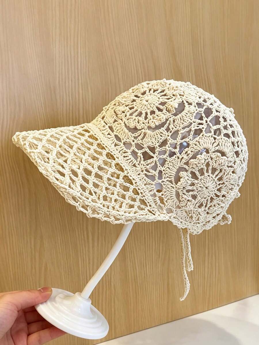 1pc Summer Hollow Handmade Crochet Baseball Cap/Vintage Handmade Woven Breathable Sun Hat/Adjustable Versatile Hat/Gift For Friends - Multicolor - View 1