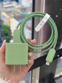 5件裝高級純色TPU防摔充電線保護套，線材收納整理器，相容Apple 18W/20W充電器 - 磨砂綠 - 查看 8