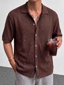 Camiseta de manga corta con cuello de cárdigan de moda casual de verano para hombres, adecuada para ocasiones de negocios y uso diario - Marrón - Ver 3