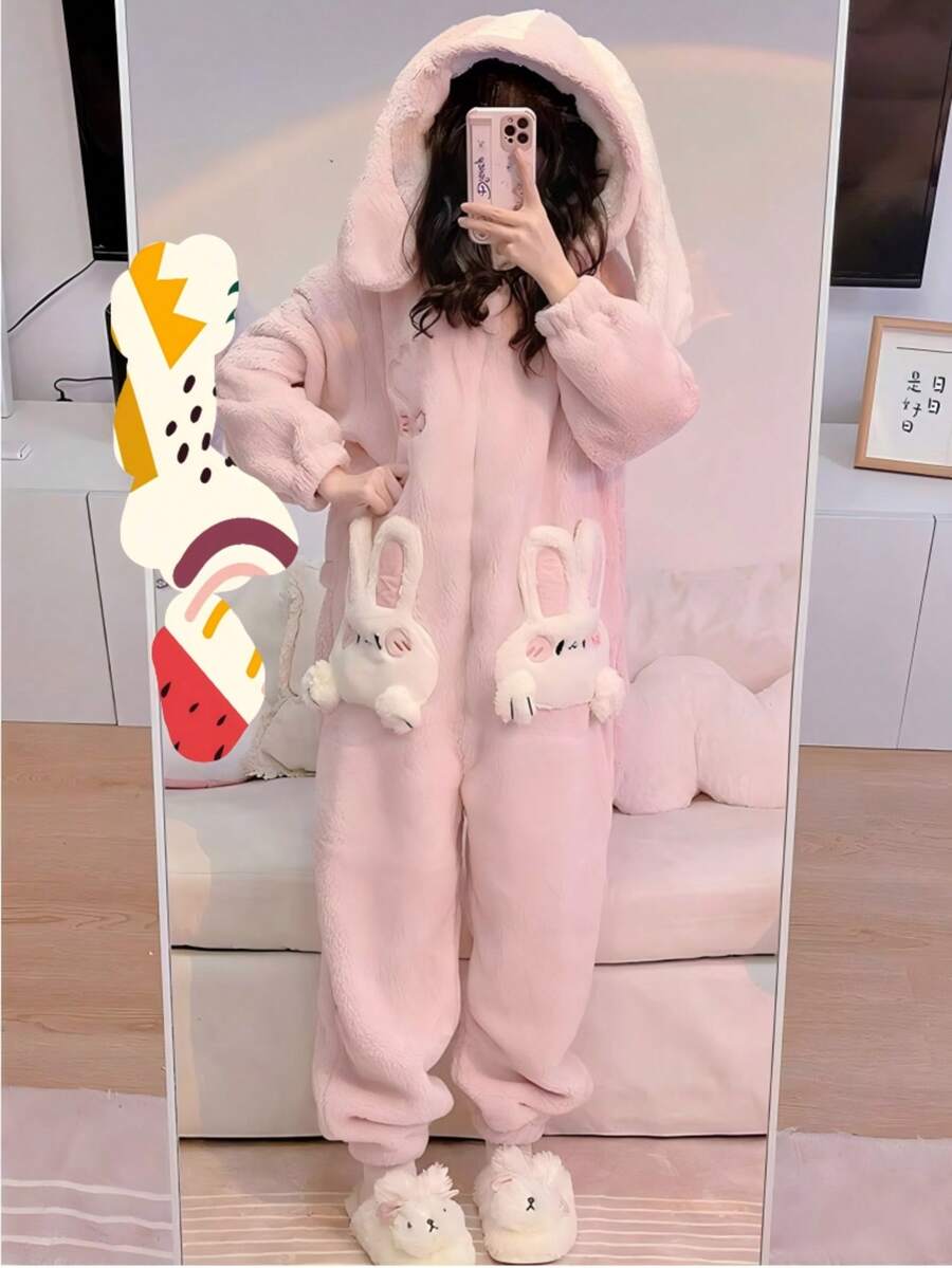 Coral Velvet Onesies Women Cute Rabbit Kigurumi Unicorn Preppy Cartoon Hooded Kawaii Thicker Winter Warm Cotton Pajamas Homewear