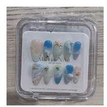 1件裝夏季清新海鹽藍海洋波浪美甲飾品，3D迷你海星貝殼水鑽杏仁形美甲尖端，裸色漸層冰透手工美甲飾品，適合海灘度假、日常出遊、派對約會、宿舍穿搭、節日精緻禮物、旅行必備 - 查看 9