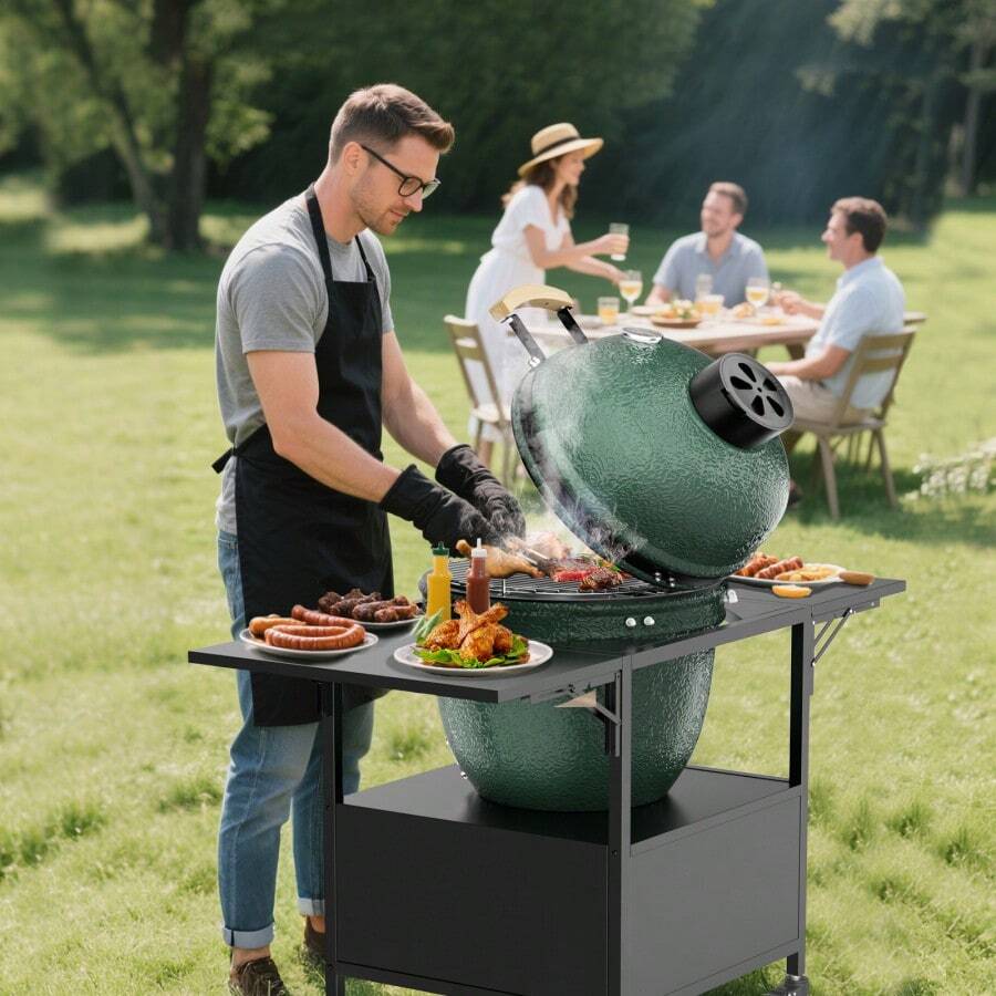 [Free Shipping] Outdoor Grill Table For Big Green Egg Style BBQ, Metal Grill Cart With 2 Folding Panels, Compatible With Up To Large Green Egg, Kamado Joe Jr-XY727745 - Multicolor - View 1