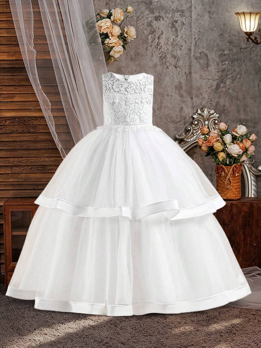 Tween Girls Round Neck White Lace Mesh Flower Girl Dress Suitable For Party, Headband Not Included - White - View 1