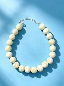 1pc Beige Marble Style Chunky Bead Necklace, Cream & Camel Swirl Large Bead Choker, Bold Retro Neutral Tone Jewelry - Off White - View 2