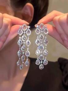 1 Pair Elegant Cubic Zirconia Long Tassel Teardrop Earrings For Women, Suitable For Wedding And Party - Silver - View 7