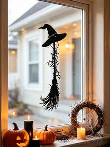 1pc Halloween Wall Sticker, Witch Hat & Broom Metal Decal, Black Halloween Window Sticker, Halloween Party Decor, Halloween Room Decoration, Trick Or Treat, Happy Halloween Decoration, Halloween Party Supplies, Halloween Outdoor Decor, Halloween Window Display Decor, Halloween Scary Scene Decor, Haunted House Decor, Day Of The Dead Decor, Halloween Photo Props, Halloween Home Decor, Halloween Gift, Party Favors, Christmas, 2027 New Year - Witch - View 7