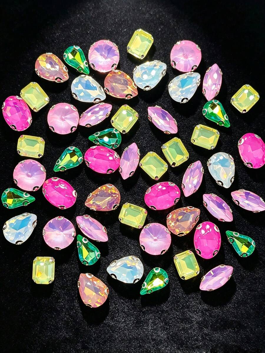 1 Pack 40pcs Candy Color Silver Base Rhinestone Hand-Sewn DIY Clothing Shoes Hat Bag Decoration Rhinestone Accessories Handmade Sewn Rhinestones - Mixed - View 1