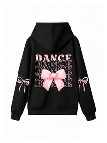 Sweet Girl Style Multi-Layer Dance Letter Bow Print Hooded Sweatshirt, Loose Pullover Sweatshirt With Back And Double Sleeve Ribbon Graphic, Versatile Streetwear Top For Girls - Black - View 4