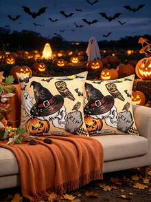 1pc Black Halloween Skull Print Pillowcase, Holiday Decorative Square Cushion Cover, Cute Cartoon Skull Bat Spider Web Pattern Design, Suitable For Autumn Festival Party Occasions Decorative Cushion Cover, Indoor Window Sill Patio Party Seasonal Decoration, No Filling Included - Multicolor - View 9