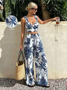 Conjunto de dos piezas para mujer con estampado tropical boho, top corto de tirantes y pantalones de pierna ancha, perfecto para el verano - Azul - Ver 1