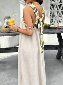 大尺碼女款春夏檸檬印花拼接肩帶露背休閒度假洋裝 - 杏色 - 查看 1