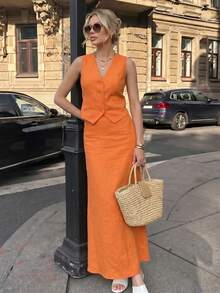 Damen Baumwolle Leinen V-Ausschnitt Lässig Urlaub Weste Top und Rock Set, Frühling/Sommer Outfit - Weste Top & ausgestellter Rock Lässig Set, Neues Frühling/Sommer Sexy V-Ausschnitt Elegantes Weste Top und Slim Fit Maxi Rock Set - Orange - Übersicht 11