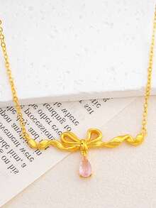 Shescity 1pc Pink Diamond Princess Silk Ribbon Bow Necklace, Luxury Fashion Girly Style, Rhinestone Inlaid Brushed Bow Pendant For Women - Gold - View 4