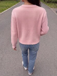 Fall Winter Women Pink Crew Neck 3D Flowers Knit Cardigan Xmas New Year Sweet Button Long Sleeve Jacket - Pink - View 6
