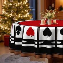 1pc Poker Theme Round Tablecloth, Suitable For Home Kitchen And Dining Room, Decorative Tablecloth, Ideal For Office And Coffee Table, Holiday Red Background With Heart And Spade Symbol Print - Round - View 3