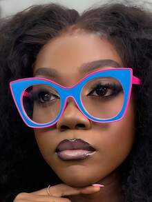 1PC Women's Retro Cat Eye Contrast Color Y2K Sweet Cool Style Fashion Street Plain Lens Glasses Frame - Clear - View 10