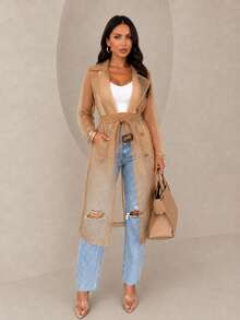 ChicMe Sheer Mesh Long Windbreaker - Women's Transparent Tie-Front Jacket, Creating Fashionable Street Style And Layered Urban Travel Looks - Apricot - View 6