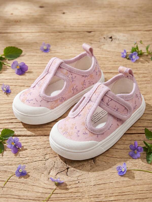 1 Pair Toddler Girls Pink Cute Pastoral Style Lavender Floral Low-Top Flat Comfortable Casual Sneakers, Suitable For Daily Outdoor Activities, Garden Strolls (Random Pattern)