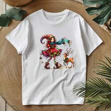 1/2/3pcs Watercolor Christmas Elf Girl Heat Transfer Sticker, Rainbow Striped Pointed Hat, Red-Green Gradient Christmas Dress, Colorful Striped Long Socks With Rolled Edge Boots, Paired With Tassel Long Scarf, Hanging Reindeer, Little Bird, Vintage Fairy Tale Style Christmas DIY Print, Suitable For T-Shirts, Sweatshirts, Canvas Bags - Multicolor - View 7